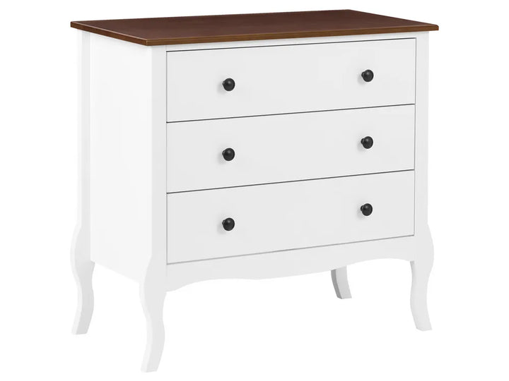 A three-drawer chest of drawers with a white body, curved cabriole-style legs, and a dark brown wood top, featuring small round black knobs.