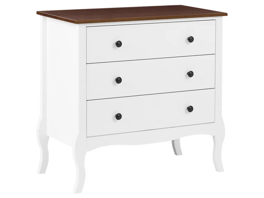 A three-drawer chest of drawers with a white body, curved cabriole-style legs, and a dark brown wood top, featuring small round black knobs.