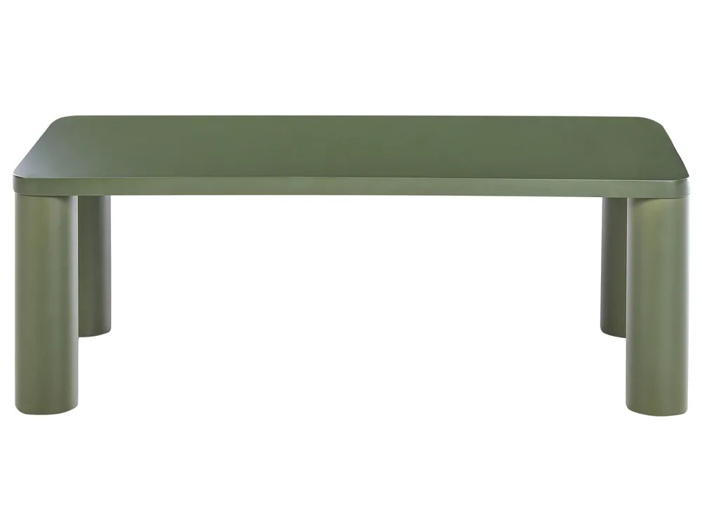 A minimalist rectangular coffee table with rounded corners and thick cylindrical legs, finished in a matte sage green color, shown against a plain white background.