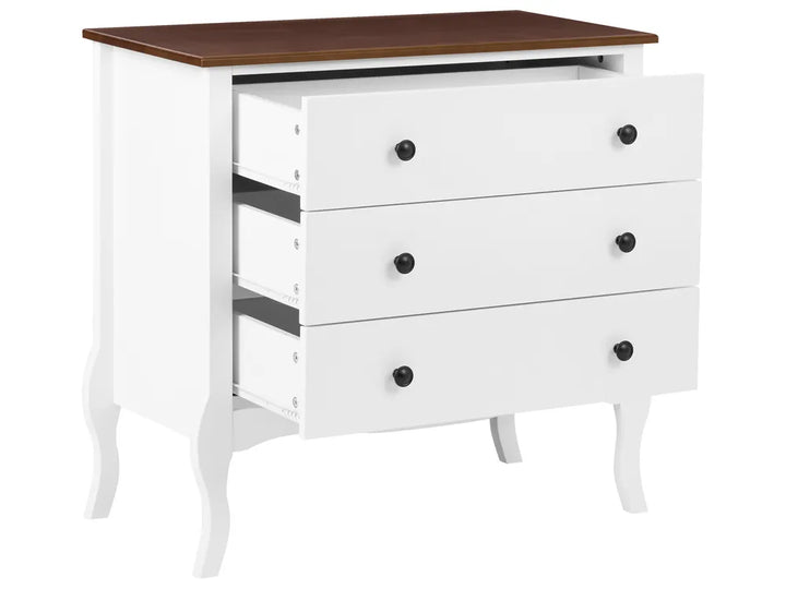 A white three-drawer nightstand or dresser with a dark brown wood top and curved legs, shown on a plain white background.