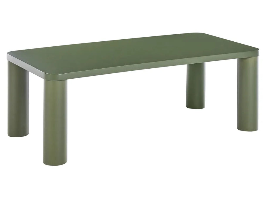 An olive green rectangular table with a thick top and four cylindrical legs, shown against a plain white background.