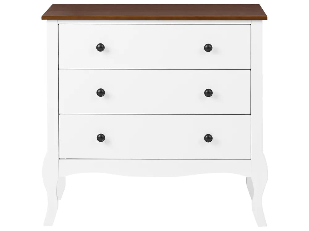 A three-drawer chest of drawers with a white painted body, a medium brown wooden top, and small round black knobs, shown against a plain white background.