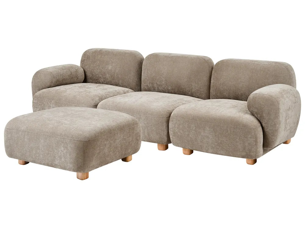 A modern three-seater sofa with a matching ottoman, upholstered in a textured taupe fabric with light wood legs, shown against a plain white background.
