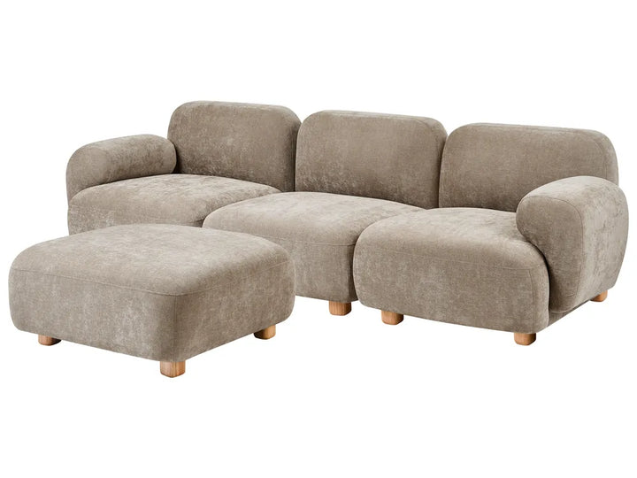A modern three-seater sofa with a matching ottoman, upholstered in a textured taupe fabric with light wood legs, shown against a plain white background.
