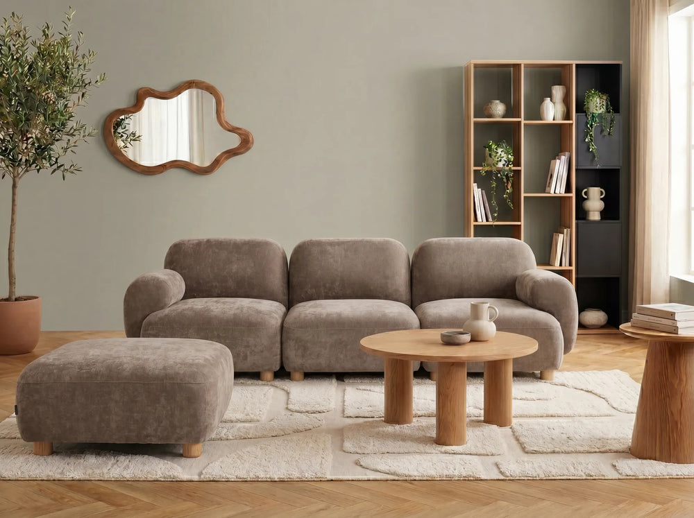Beige fabric modular sofa with ottoman