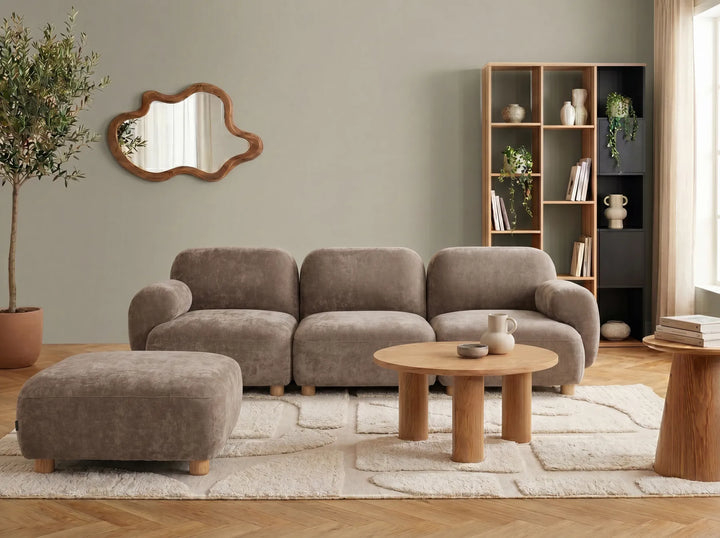 Beige fabric modular sofa with ottoman