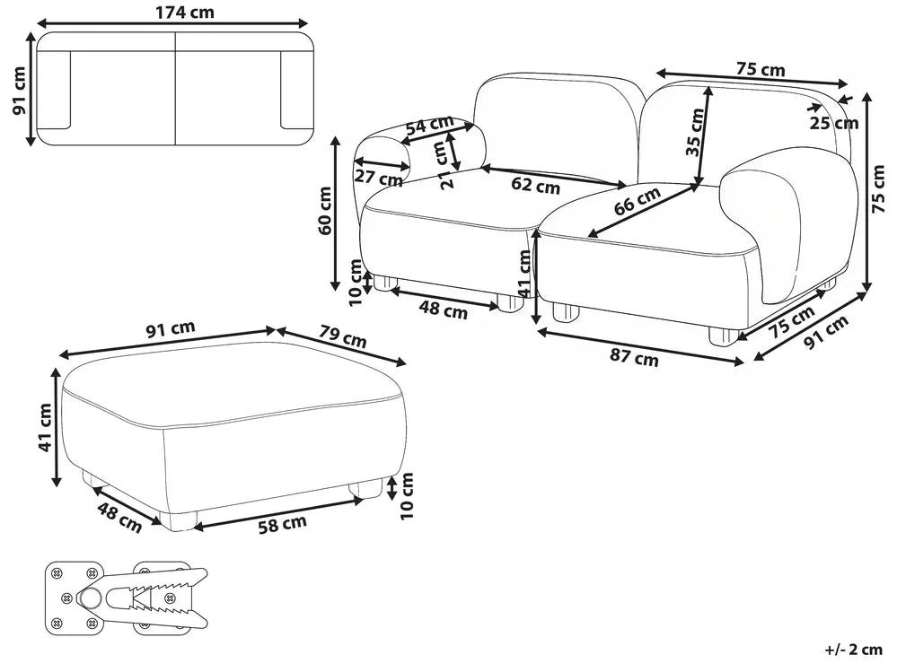 Modular Sofa 2 Seater with Ottoman Fabric Beige Eyler
