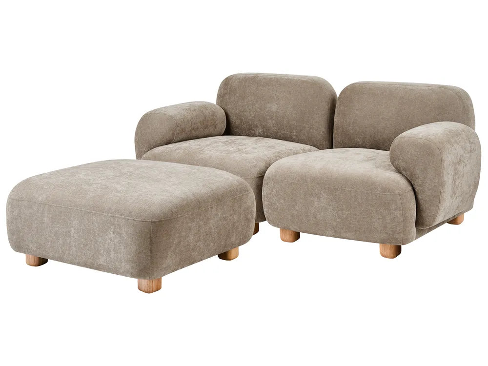 A modern two-seater sofa with a matching ottoman, upholstered in a textured taupe fabric with light wood legs, shown on a plain white background.
