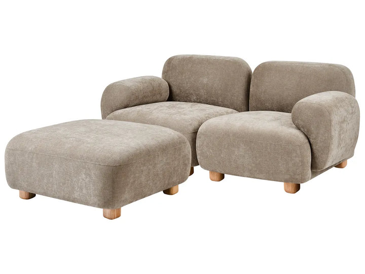 A modern two-seater sofa with a matching ottoman, upholstered in a textured taupe fabric with light wood legs, shown on a plain white background.