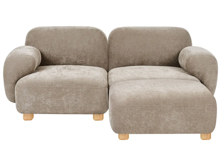 A modern two-seater sofa with a matching ottoman, upholstered in a textured taupe fabric with light wood legs.