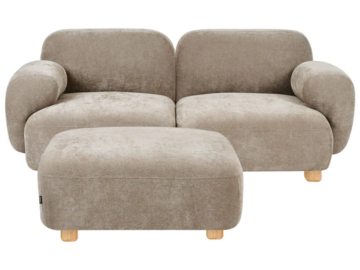A modern two-seater sofa in a textured taupe fabric with a matching ottoman, both supported by light natural wood legs, shown against a plain white background.