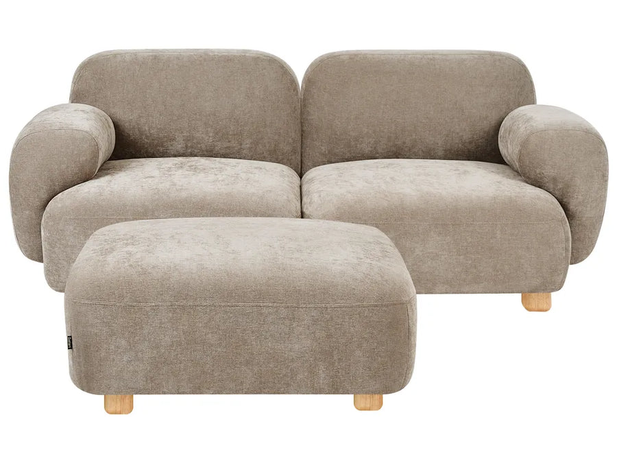 A modern two-seater sofa in a textured taupe fabric with a matching ottoman, both supported by light natural wood legs, shown against a plain white background.
