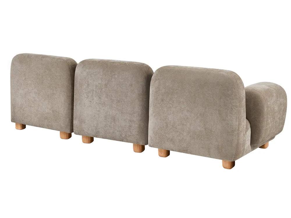 A modern three-seater sofa upholstered in a textured taupe fabric, featuring chunky rounded back cushions and light natural wood legs, shown against a plain white background.