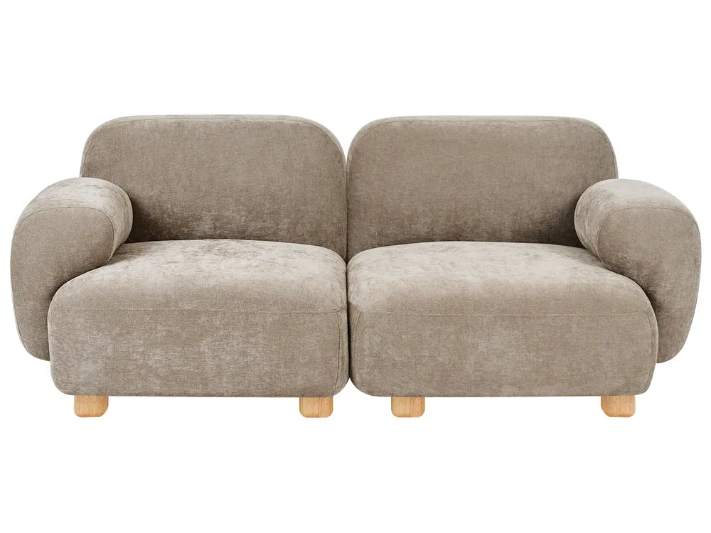 A modern two-seater sofa upholstered in a textured taupe fabric, featuring rounded arms, low wooden legs, and a clean silhouette on a white background.