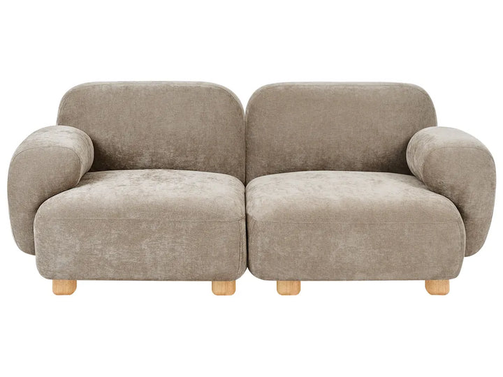A modern two-seater sofa upholstered in a textured taupe fabric, featuring rounded arms, low wooden legs, and a clean silhouette on a white background.