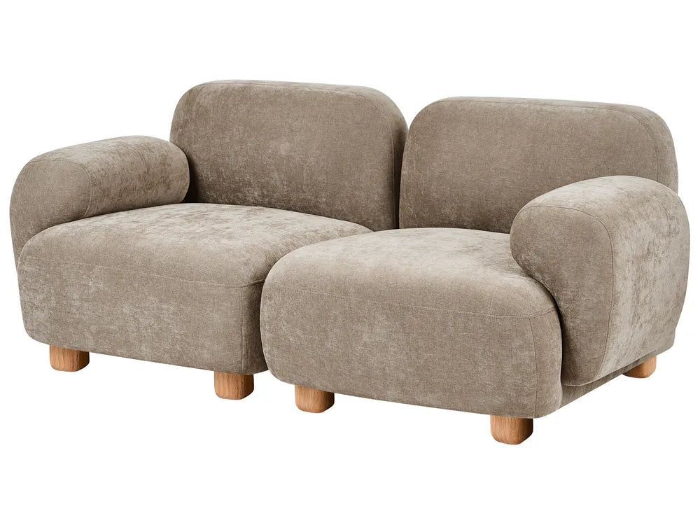 A modern two-seater sofa in a textured taupe fabric with light wood legs, shown against a plain white background.