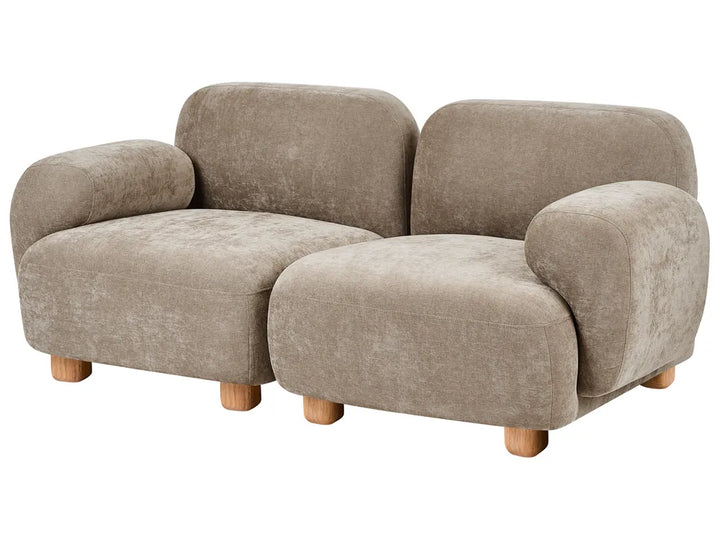 A modern two-seater sofa in a textured taupe fabric with light wood legs, shown against a plain white background.
