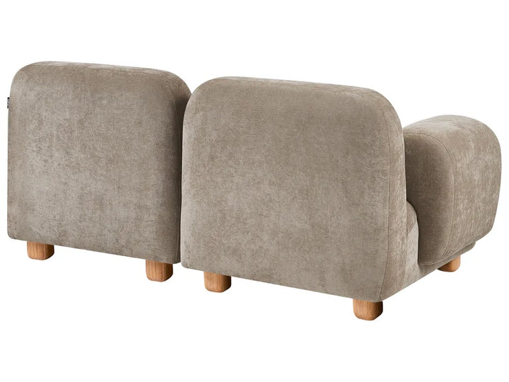 A modern two-seater sofa upholstered in textured taupe fabric with light natural wood legs, shown from a three-quarters angle on a white background.