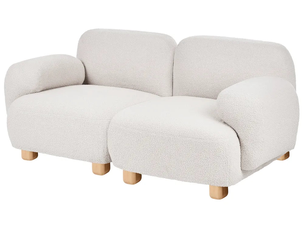 A modern two-seater sofa upholstered in a textured bouclé fabric, shown on a plain white background.