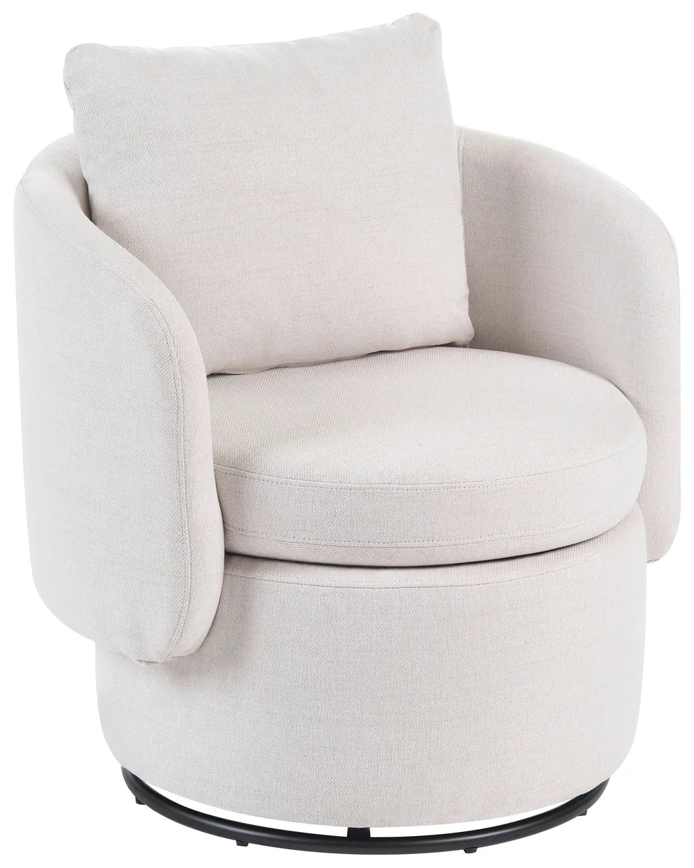 A cream-colored fabric swivel armchair with a matching back cushion, set against a plain white background.