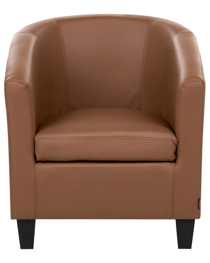 A brown faux leather barrel armchair with a high curved backrest and dark tapered legs, shown against a plain white background.