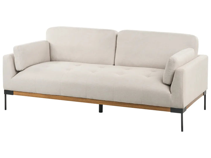A modern two-seater sofa in a light beige textured fabric, featuring a tufted seat cushion, square arms, and a light wood base with slim black metal legs, shown against a plain white background.