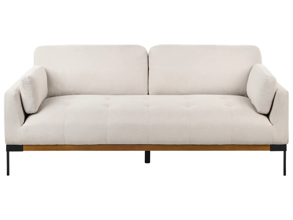 A modern two-seater sofa in a light beige textured fabric, featuring a tufted seat cushion, square arms, and a light wood base with slim black metal legs, shown against a plain white background.