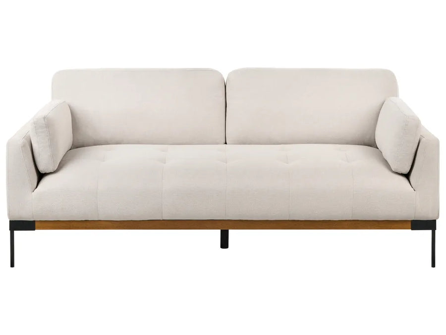 A modern two-seater sofa in a light beige textured fabric, featuring a tufted seat cushion, square arms, and a light wood base with slim black metal legs, shown against a plain white background.
