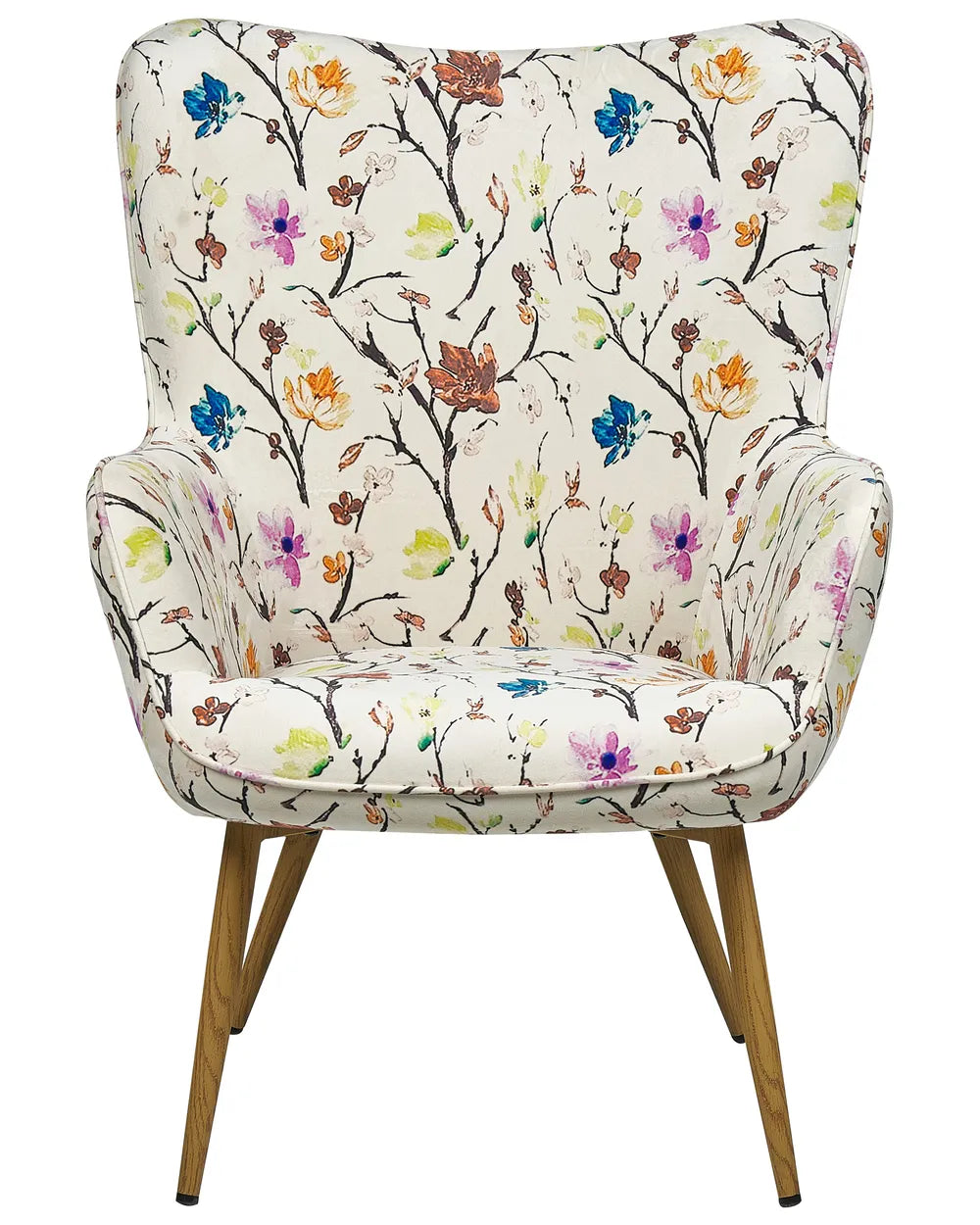 An upholstered bench or ottoman with a cream fabric seat covered in a colorful floral and branch print, supported by four angled wooden legs with black tips, shown on a plain white background.