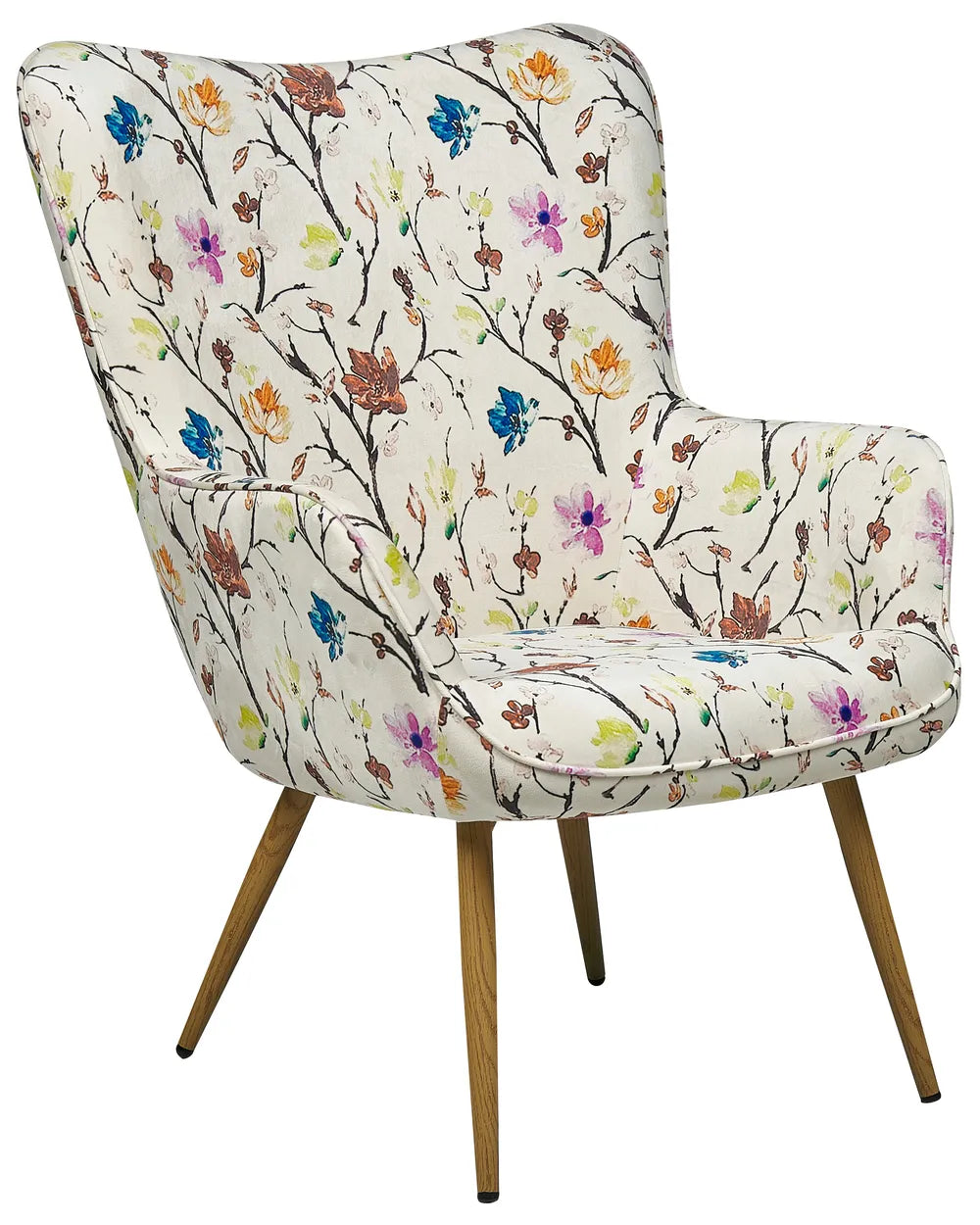 An upholstered bench or ottoman with a cream fabric seat covered in a colorful floral and branch print, supported by four angled wooden legs with black tips, shown on a plain white background.