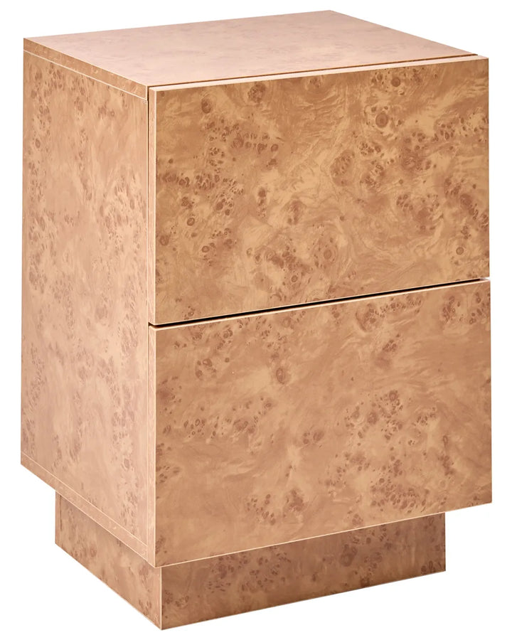 A modern two-drawer nightstand or side table with a warm copper-toned burl wood grain finish, shown on a plain white background.