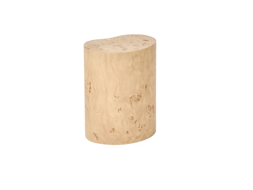 A small cylindrical side table made from a natural burl wood log, shown on a plain white background.