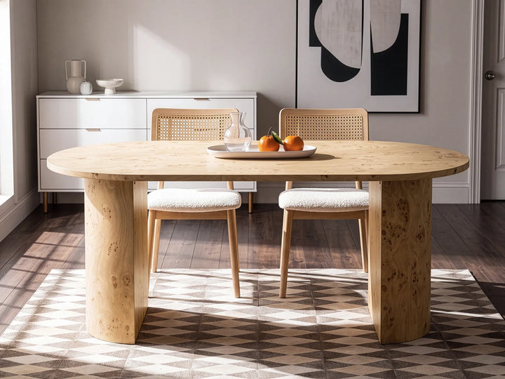 An oval light oak dining table with chunky natural wood legs, accompanied by two woven-back cane chairs with white upholstered seats, set in a modern dining room with geometric tile flooring and warm sunlight.