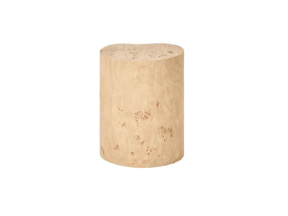 A natural burl wood cylindrical side table or stool with a light tan finish and prominent wood grain patterns, shown on a plain white background.