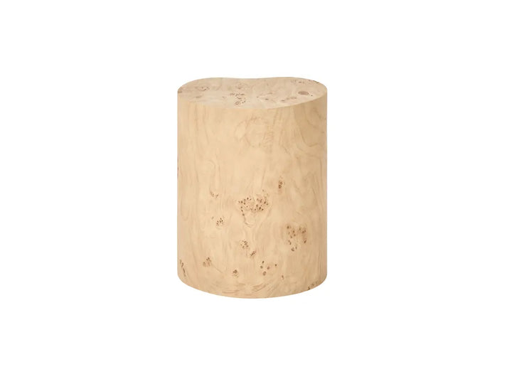 A natural burl wood cylindrical side table or stool with a light tan finish and prominent wood grain patterns, shown on a plain white background.