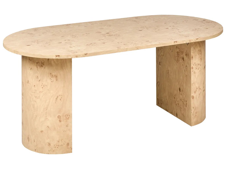 An oval wooden table with a burl wood grain finish, featuring a rounded top and two blocky cylindrical legs, isolated on a white background.