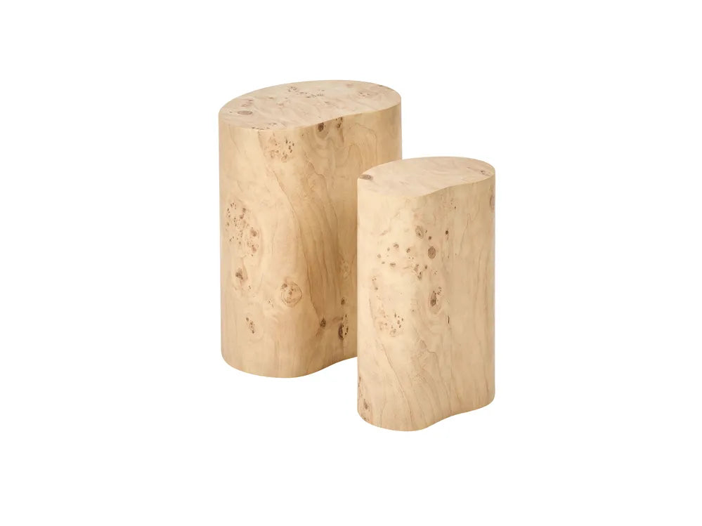 Two natural wood cylindrical side tables with a burl wood grain pattern, shown on a plain white background.