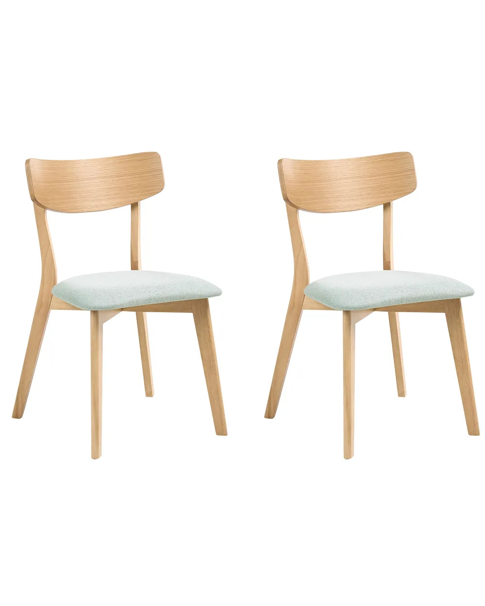 Two wooden chairs with light green seats on a white background