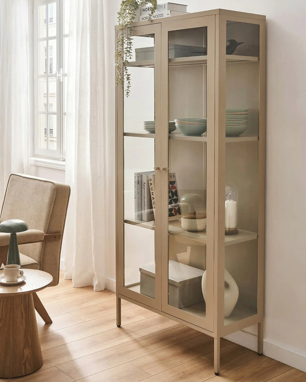 Beige 80 cm glass display cabinet