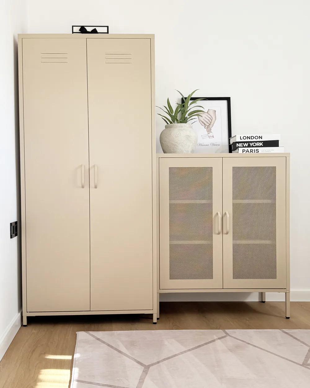 Beige metal cabinet with double doors