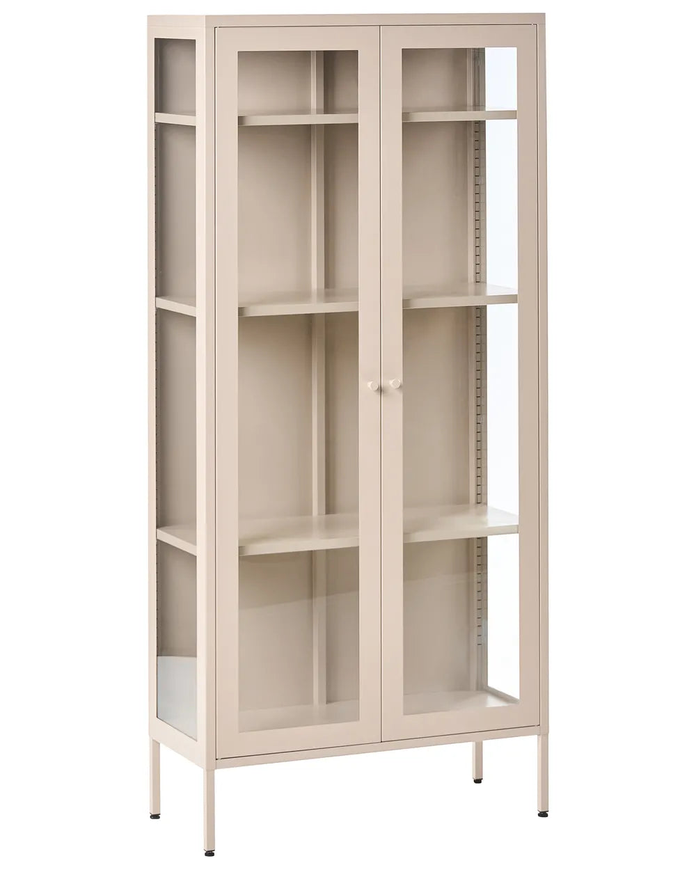 A tall, narrow beige storage cabinet with two glass doors, multiple interior shelves, and slim metal legs, shown on a plain white background.
