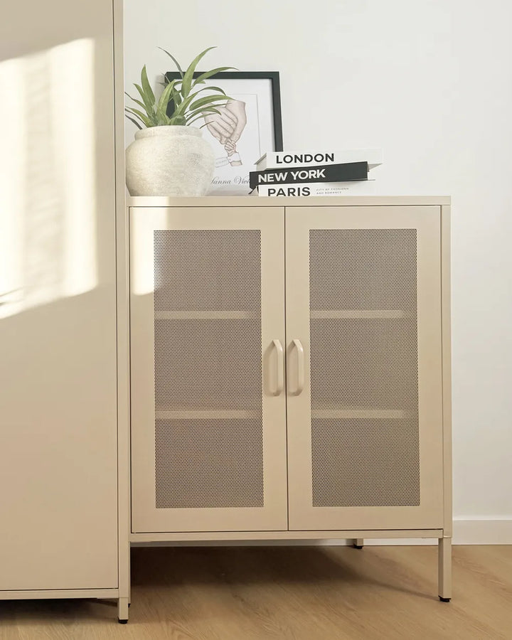 Beige metal storage cabinet