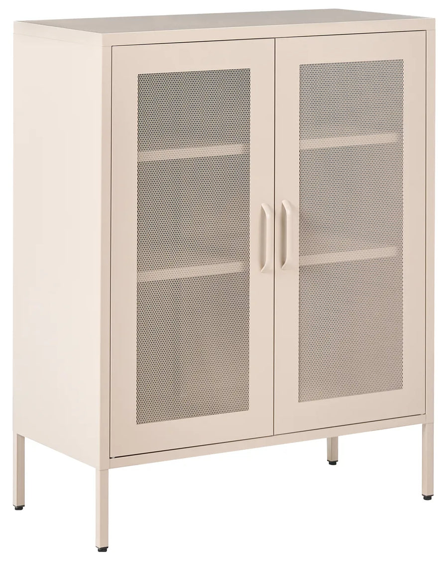 A tall, narrow storage cabinet with two doors featuring perforated mesh panels and slim metal legs, shown on a plain white background.