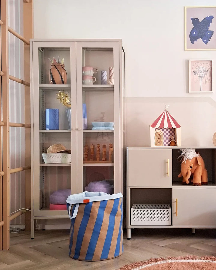 Glass cabinet with beige metal frame