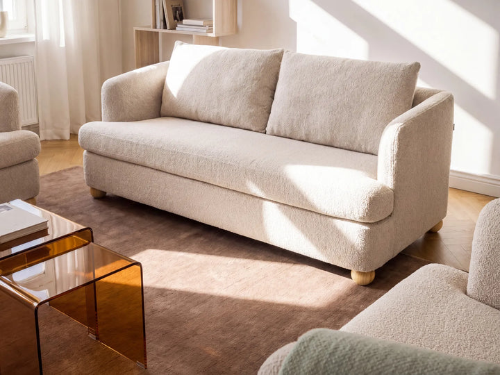 Beige boucle fabric sofa