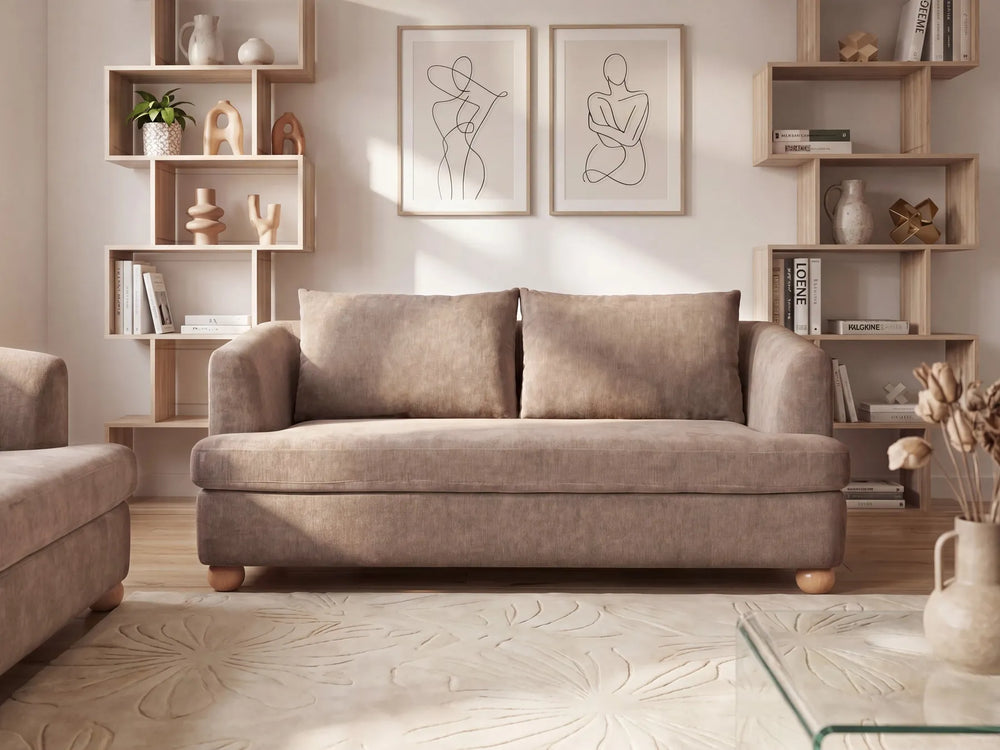 Brown upholstered three-seater sofa