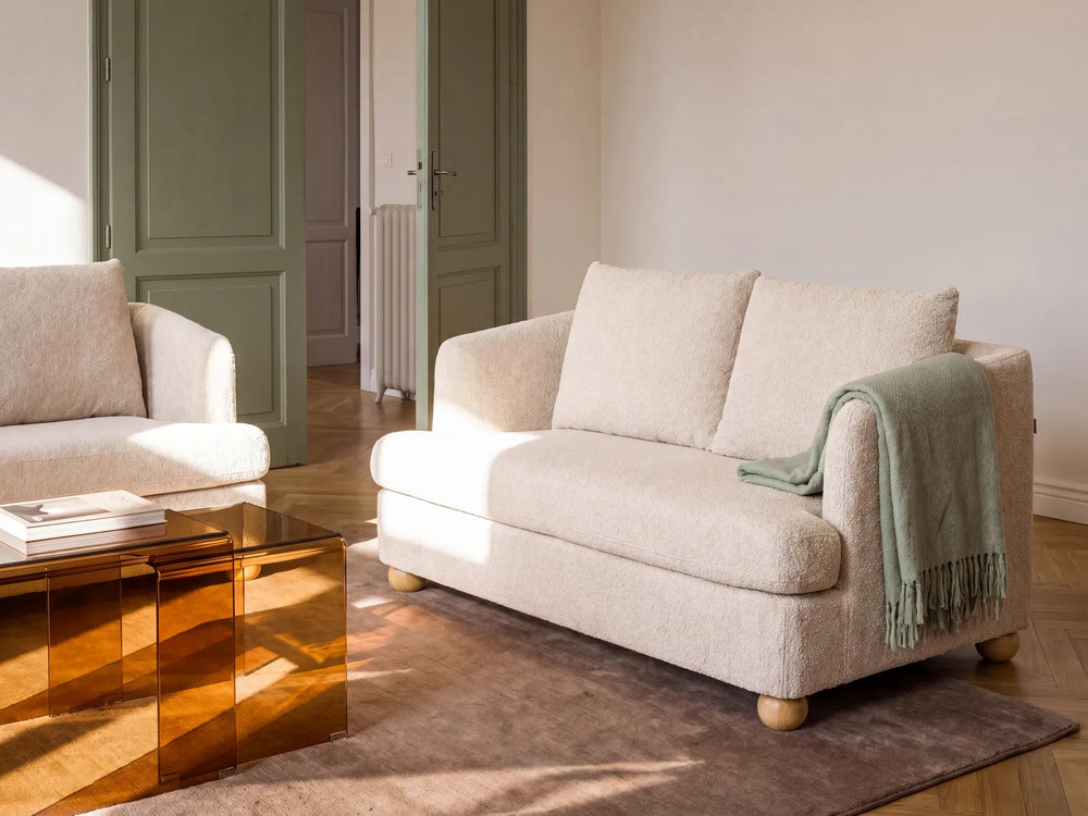 Beige boucle fabric sofa