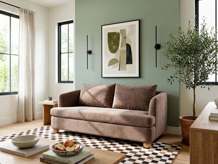 A modern living room featuring a plush, dusty mauve-brown velvet loveseat sofa. The sofa is styled on a black and white checkered rug, with a wooden coffee table holding books and a bowl in the foreground.