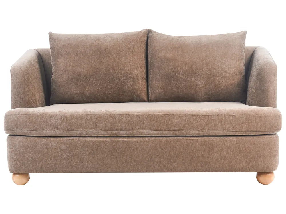 A compact upholstered loveseat in a textured taupe-brown fabric, featuring two back cushions, rounded arms, and small round wooden feet, shown against a plain white background.