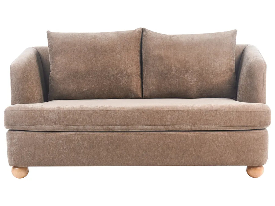 A compact upholstered loveseat in a textured taupe-brown fabric, featuring two back cushions, rounded arms, and small round wooden feet, shown against a plain white background.